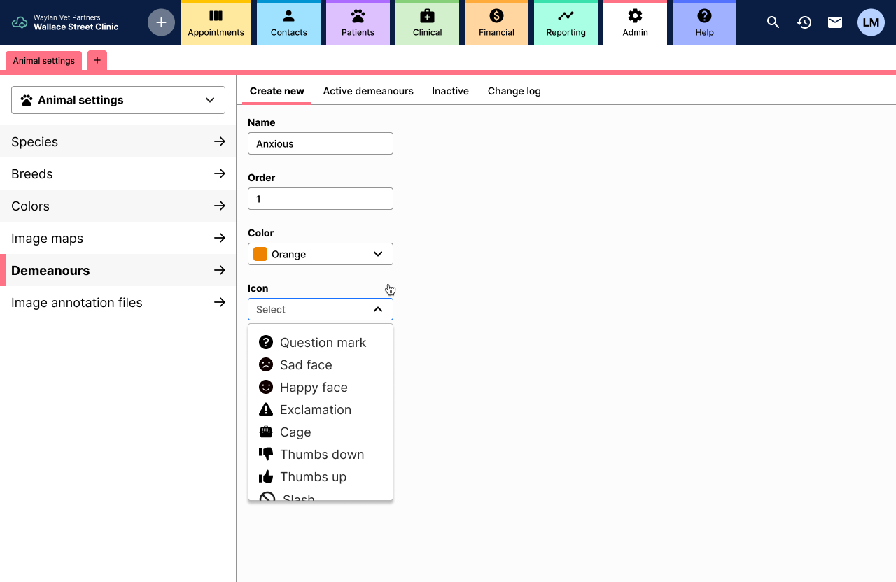 Showing how to edit and manage demeanours in 'Settings' including how to add icons.