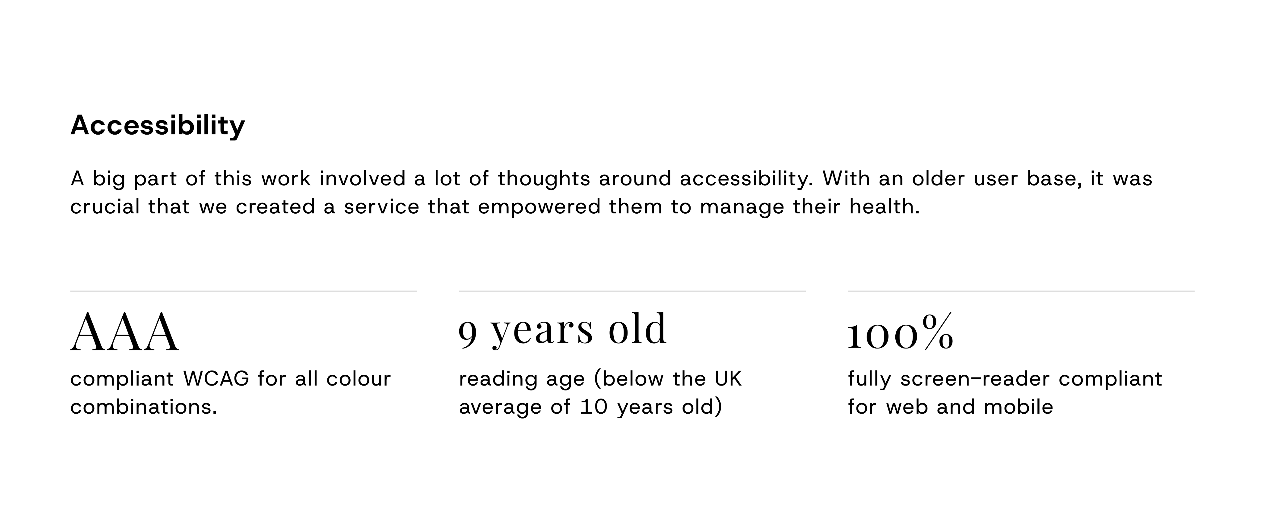Accessibility section showing AAA compliance, 9 year old reading age and 100% screen-reader compliance.