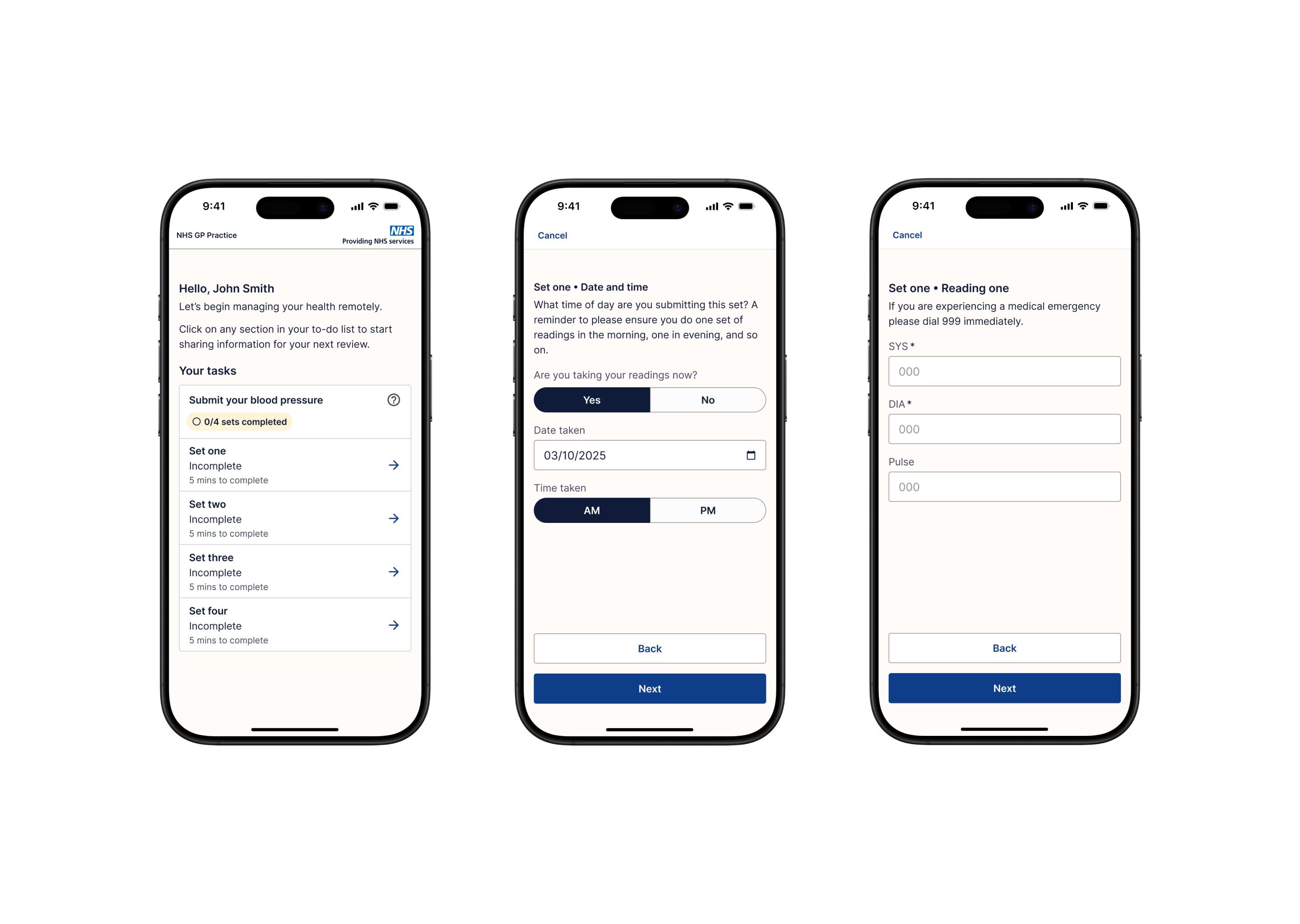 New mobile screens with updated home screen and blood pressure forms